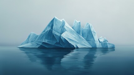 A large ice block floating in the ocean. The ice is so large that it is almost as tall as the mountain in the background. The water is calm and the sky is cloudy - Powered by Adobe