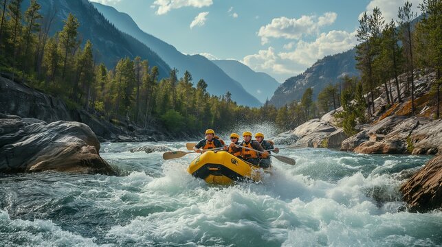 A group of people are rafting down a river, enjoying the thrill of the ride. The water is choppy and the raft is yellow, making it easy to spot. The group is wearing life jackets