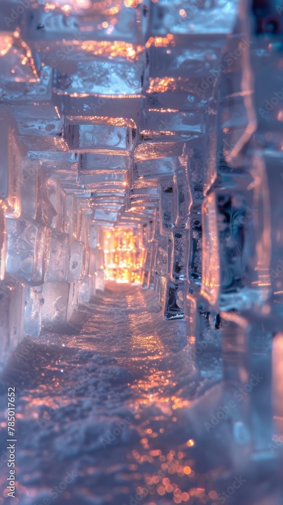 Poster a tunnel of ice blocks with a light shining through. generative ai.
