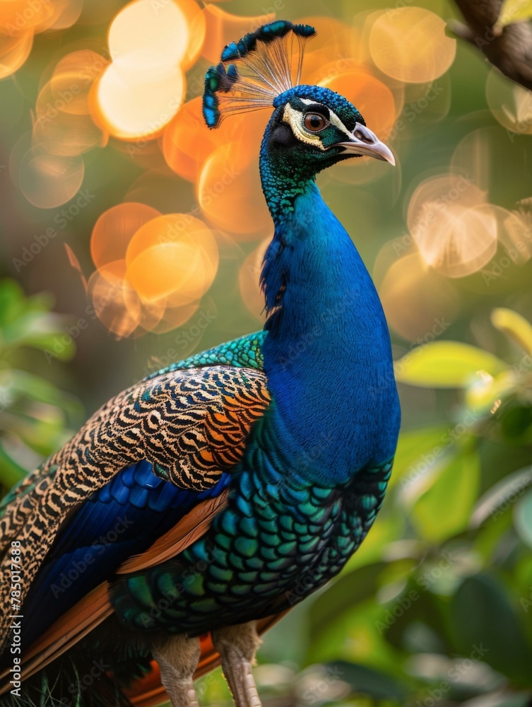 Poster a colorful peacock standing on a branch with bright lights in the background. generative ai.