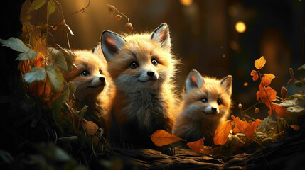Cute baby foxes exploring a woodland, their fluffy tails and pointed ears capturing the enchanting spirit of these clever and elusive creatures. - obrazy, fototapety, plakaty