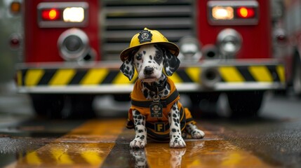 A dalmatian puppy wearing a fireman's uniform sitting in front of the truck. Generative AI.