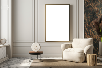 Mockup empty poster frame, modern living room interior background