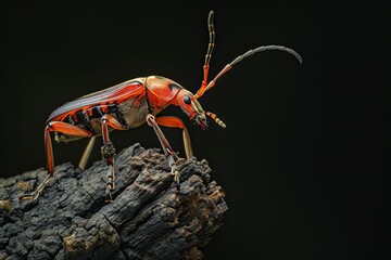 Mystic portrait of Soldier Beetle on root in studio, The insect's back is visible, full body shot, Close-up View, 