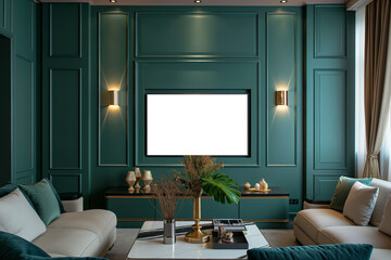 Modern living room decor with a TV cabinet. screen mockup