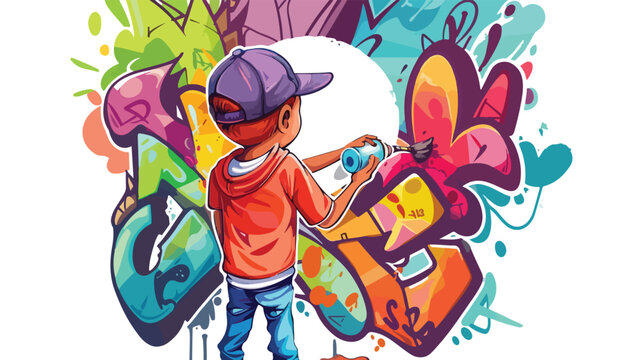 Boy paints the wall. graffiti style Flat vector 