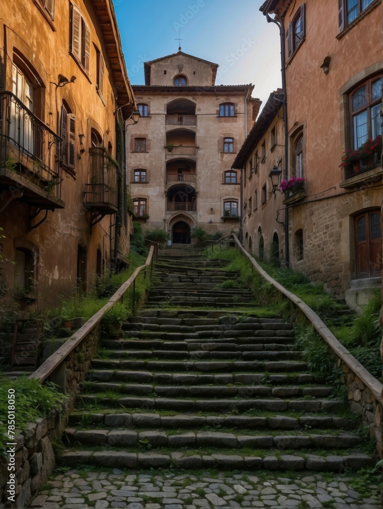Poster a stone steps leading up to a building with windows. generative ai.