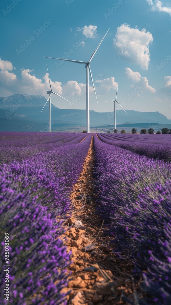 Poster a field of lavender with wind turbines in the background. generative ai.
