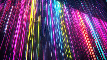 A digital neon rain, with streaks of light cascading down against a shadowy backdrop, simulating a vibrant, colorful storm in an urban night setting. 32k, full ultra hd, high resolution