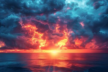 Fototapeta premium Surreal Symphony of Storm: Gothic Sunset Over Ocean. Concept Gothic Sunset, Oceanic Beauty, Moody Landscapes, Stormy Symphony
