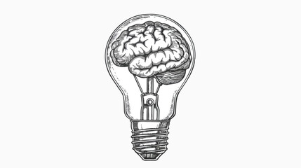 Brain inside the light bulb black and white engraving