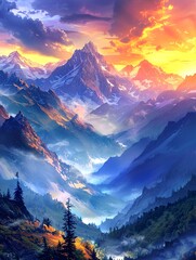 A breathtaking landscape with majestic mountain peaks touched by the warm glow of a sunset, overlooking a mystical valley shrouded in mist. - obrazy, fototapety, plakaty