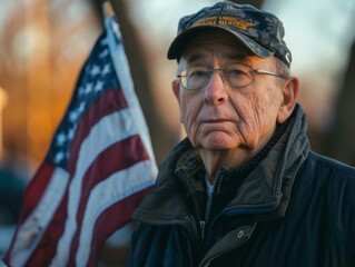 An older man with glasses and a hat holding an american flag. Generative AI.