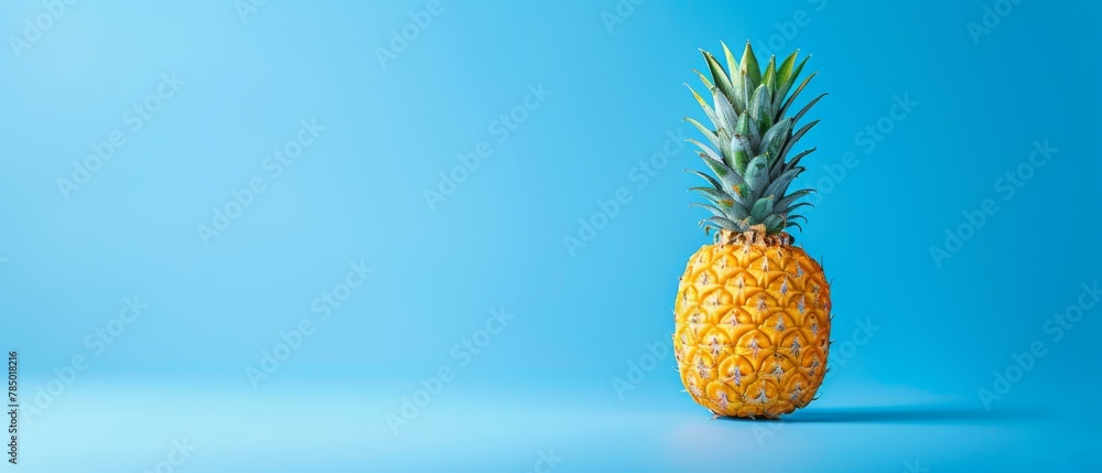 Poster a pineapple on a blue background with copy space. generative ai.