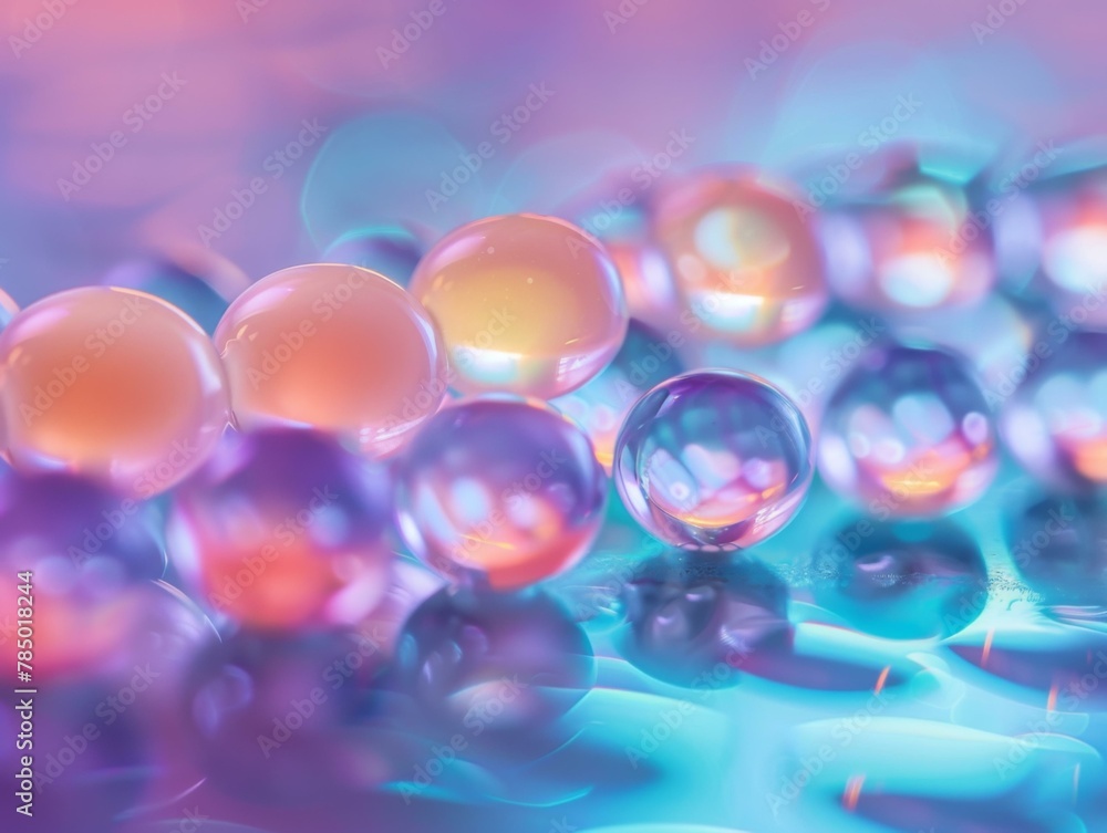 Poster a close up of a bunch of water bubbles on a table. generative ai.