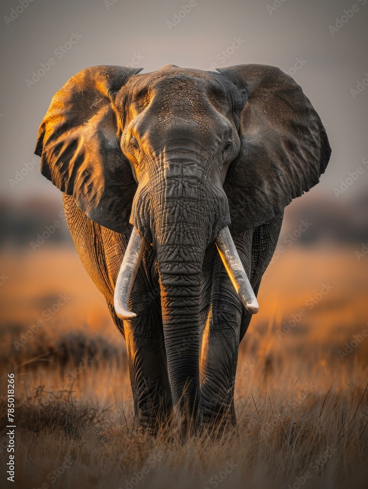 Poster an elephant with tusks standing in a field of grass. generative ai.