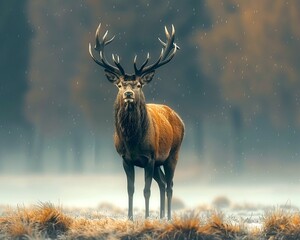 In a serene winter landscape, a majestic stag stands with a regal posture, its breath visible in the cold air, as gentle snowflakes fall around it.