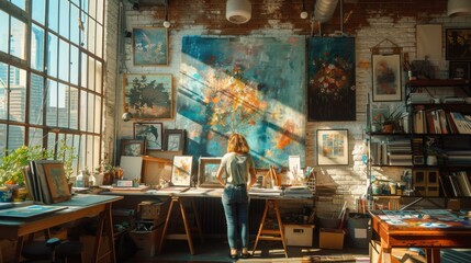 A woman standing in front of a painting studio with many paintings. Generative AI.