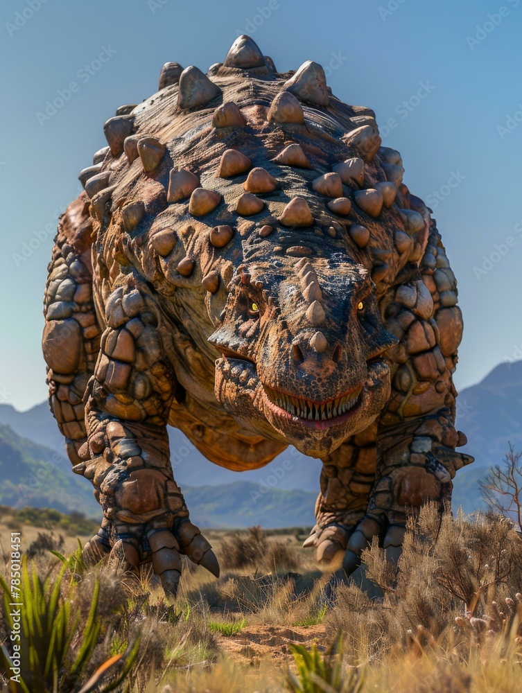 Poster a large dinosaur with a lot of rocks on it's back. generative ai.