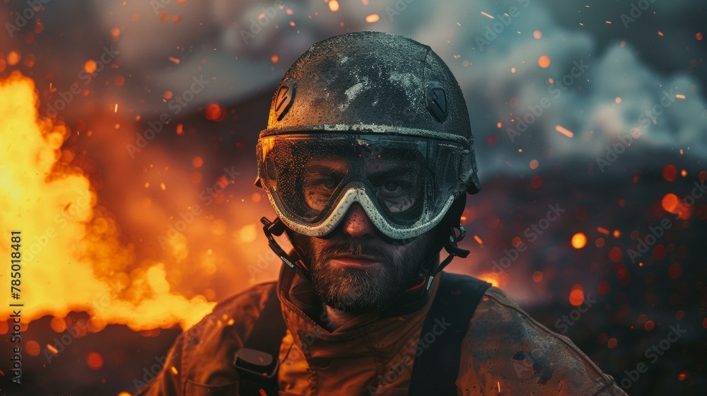 Poster a man in a helmet and goggles standing next to fire. generative ai.