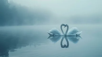 Foto op Aluminium Two swans making a heart shape in the water on foggy day. Generative AI. © serg3d