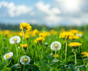 A sunlit meadow filled with yellow dandelions and puffy seed heads under a blue sky with soft clouds, capturing the essence of spring.