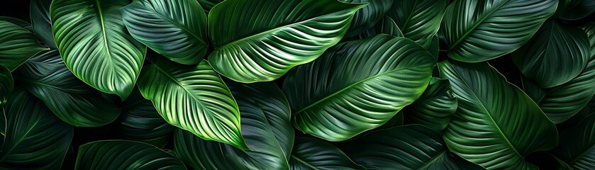 A panoramic view of vibrant green tropical leaves, highlighting their intricate patterns and natural beauty.