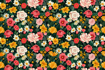 Colorful garden flowers pattern on a dark background