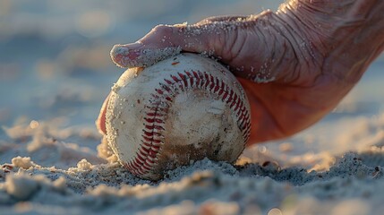A man's hand holding a baseball in the sand on top of some ground. Generative AI.