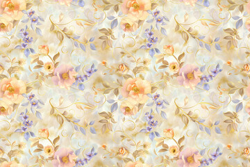 Soft floral pattern with gold accents on a pastel background