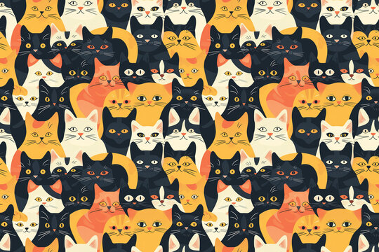 Cartoon cats pattern in various colors on a cream background