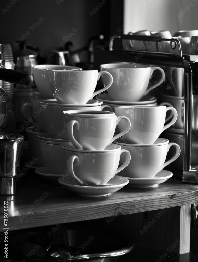 Poster a stack of cups and saucers on a shelf next to a coffee maker. generative ai.