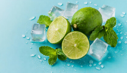 Above photo of heap of limes cubes of ice mint and drops isolated on the blue background with blank space
