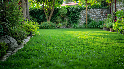  professional landscaper installs vibrant green grass lawn artificial turf in a beautifully designed backyard, enhancing the outdoor space.