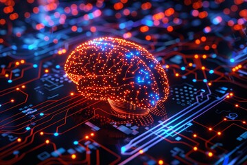 A digital illustration of a glowing human brain superimposed on a circuit board, representing neural network and artificial intelligence concepts. - obrazy, fototapety, plakaty