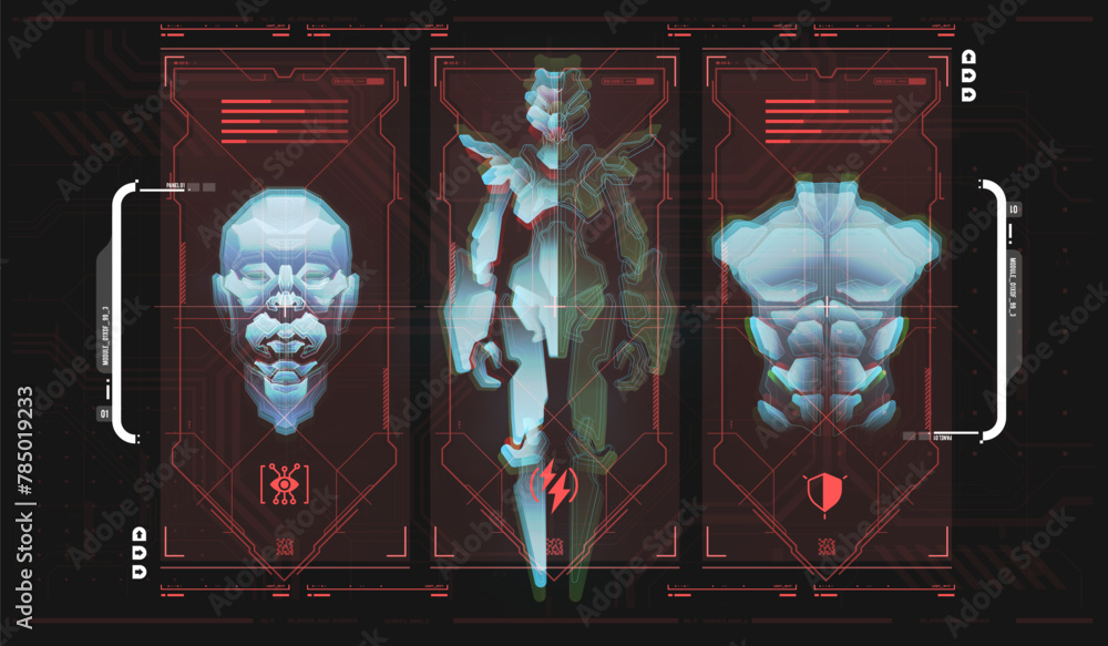 Poster Game UI elements in cyber style. Futuristic interface ui. Holographic hud user interface elements, high tech bars and frames.