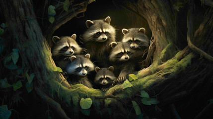 Curious family of raccoons peeking out from the hollow of an ancient tree, their masked faces reflecting a sense of woodland camaraderie.