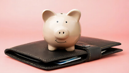 Closeup photo of piggy bank on leather wallet on isolated pink background with copy space
