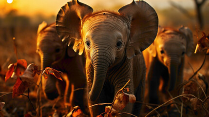 Curious baby elephants exploring the savannah, their small trunks and wide eyes capturing the innocence and wonder of these majestic creatures. - obrazy, fototapety, plakaty