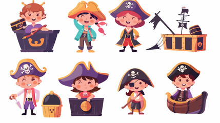Pirate kids rascals girls and boys in hats and bandana - obrazy, fototapety, plakaty