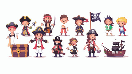 Pirate kids rascals girls and boys in hats and bandana - obrazy, fototapety, plakaty