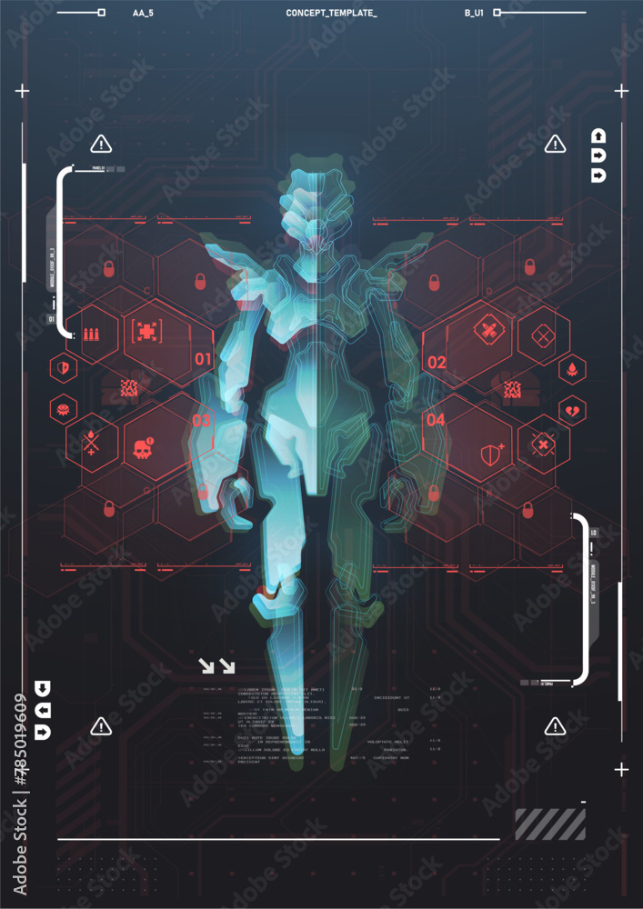 Poster Game UI elements in cyber style. Futuristic interface ui. Holographic hud user interface elements, high tech bars and frames.