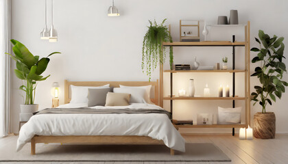 Interior of bedroom with bed, shelving unit, candles and houseplant near white wall