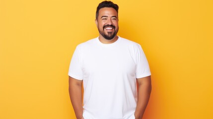 joyful young hispanic plus size body positive male man boy guy 30s in white blank design casual t-shirt posing color background studio portrait, ai