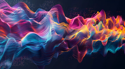 Colorful sound waves on black background ,3d rendering, abstract technology background with glowing particles, lines and waves - obrazy, fototapety, plakaty