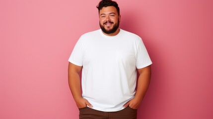 joyful young hispanic plus size body positive male man boy guy 30s in white blank design casual t-shirt posing color background studio portrait, ai