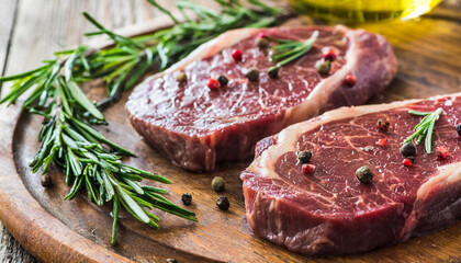 Delicious beef steaks on wooden table with spices and rosemary