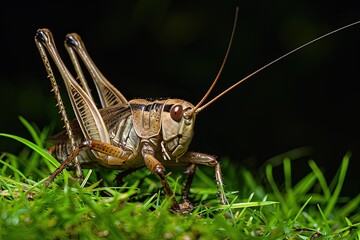 Fototapeta premium Mystic portrait of Tropical Cricket on grass beside view, full body shot, Close-up View, 