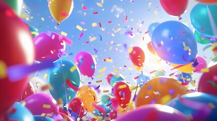 Festive Birthday Celebration with Balloons and Confetti, Blue Sky Backdrop, Chaotically Arranged