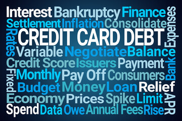 Credit Card Debt Word Cloud on Blue Background - 785021477